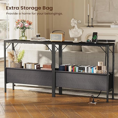 31.5" Console Table, 9.5" D Entryway Table with Power Outlets & USB Ports & Fabric Basket, Narrow Sofa Table for Hallway, Foyer, Living Room, Black