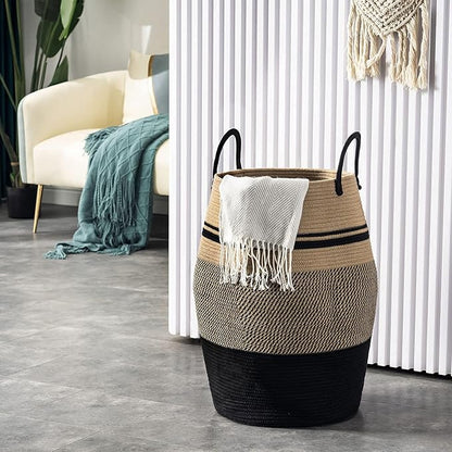 Jute Rope Laundry Hamper by YOUDENOVA, 105L - Woven Collapsible Laundry Basket - Clothes Storage Basket for Blankets organizing, Bedroom Storage, Clothes Hamper – Brown & Black