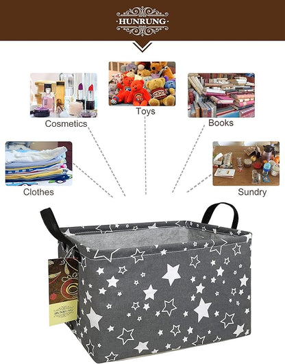 HUNRUNG Rectangle Storage Basket Cute Canvas Organizer Bin for Pet/Children Toys, Books, Clothes Perfect for Rooms/Playroom(REC-Grey star)