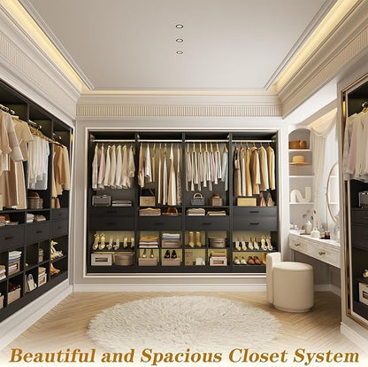 Unikito Closet System, 8.3FT Closet Organizer with 6 Wooden Drawers, Hanging Rods, Adjustable Shoe Rack and Cube Storage, Easy Assembly Wardrobe Tower, Set of 4, Black