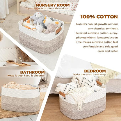 danpinera 108L Large Blanket Basket for Living Room, Woven Storage Basket with Leather Handles, Cotton Rope Storage Organization in Nursery for Toys & Clothes 25 ''* 16 ''*16 '', Gradient Brown