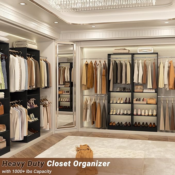 Homieasy Closet Organizer System, 4.5-10ft Modular Wooden Storage with 5 Hanging Rods & Shelving Tower, Adjustable for Walk-in Reach-in Bedroom Closets, Black