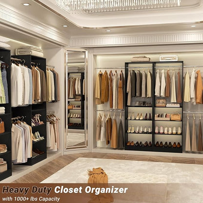 Homieasy Closet Organizer System, 4.5-10ft Modular Wooden Storage with 5 Hanging Rods & Shelving Tower, Adjustable for Walk-in Reach-in Bedroom Closets, Black