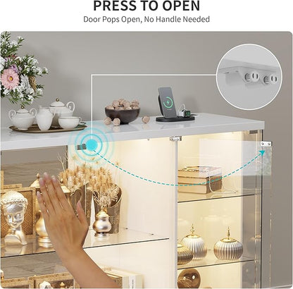 HNEBC Lockable Display Curio Cabinet with Glass Door,47.2" W Glass Display Cabinet with 3 Color Lights for Collectibles,5-Tier Lighted Display Case with Human Sensor,Living Room,White