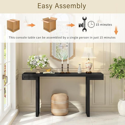 60" Large Console Table with Geometric Clean Lines Design,Stylish Entryway Table with Painted Finish and Adjustable Feet,Suitable for Living Room,Entryway,Hallway,Black