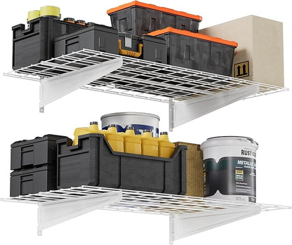 2-Pack 2x4ft Garage Wall Shelving, 24"x48" Shelf Storage Rack Floating Shelves Wall Mounted, Heavy Duty Storage Shelves, 800lbs Load Capacity, with 8 Hooks for Garage Organization, White