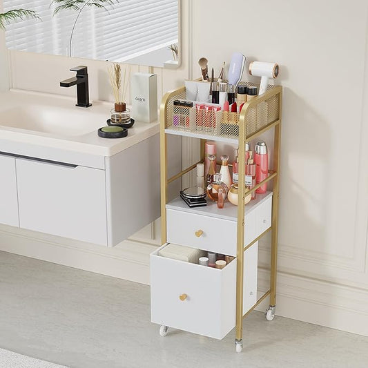 HapiRm Rolling Makeup Cart Organizer - Floor Skincare Make Up Storage with 2 Non-woven Fabric Drawers, Vanity Organizer Cosmetic Display Cases Holder for Skin Care Perfume Nail Polish Brush Hair Tool
