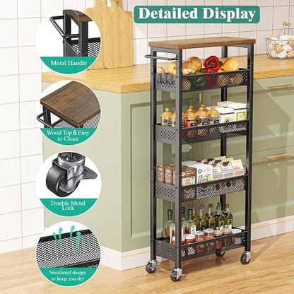 Giwil Slim Storage Cart 5 Tier Narrow Kitchen Rolling Cart on Wheels for Small Space, Metal Utility Cart Narrow Bathroom Storage Cabinet Mobile Shelf Unit Organizer with Wood Top and Handle, Black