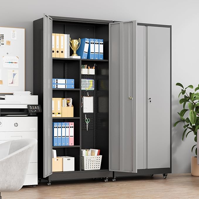 Metal Garage Storage Cabinet with Locking Doors and Adjustable Shelves, Rolling Tool Storage on Wheels - Black Gray
