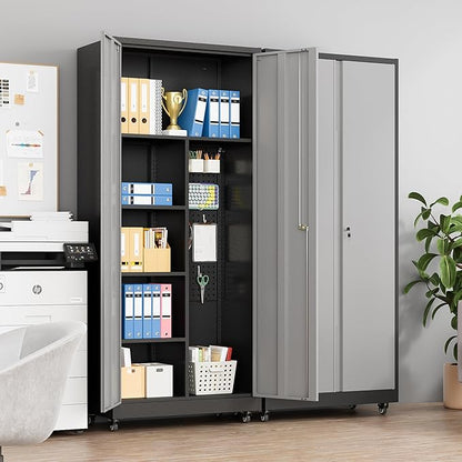 Metal Garage Storage Cabinet with Locking Doors and Adjustable Shelves, Rolling Tool Storage on Wheels - Black Gray