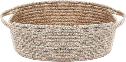 Woven Basket,Small Rope Storage Bin with Handles & Ribbon Bag, Organizer for Shelves Closets,Gift Basket Empty for Birthday,Books,Dog Toys,Oatmeal