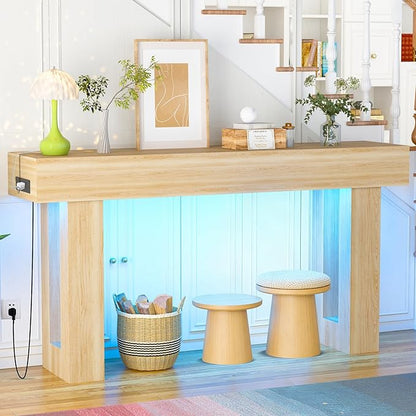 Depeht 63" Long Console Table with Power Outlet LED Lights, Wooden Farmhouse Sofa Behind Couch Table w/Storage, Large Industrial Hallway Accent Furniture for Living Room, Entryway, Hallway (Natural)