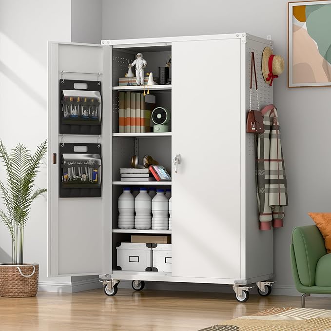 Extra Deep & Wide Metal Garage Storage Cabinet with Wheels, Magnetic Doors & Pegboard, 72" Tall Rolling Tool Organizer with 2 Tool Pouches & 4 Adjustable Shelves, Black, 43.3''W x 22''D x 72''H