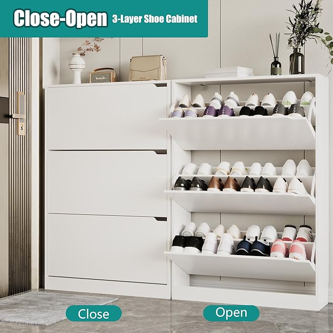 Shoe Storage Cabinet for Entryway with 3 Flip Drawers, Sturdy Wood Hidden Shoe Storage, Freestanding Narrow Slim Shoe Organizer for Front Door Entrance, Living Room, Hallway, Bedroom, White