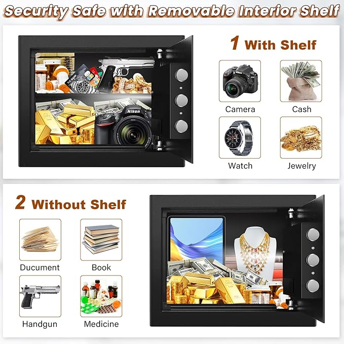 1.2 Cu Ft Home Safe, Small Safe Box with Fireproof Waterproof Bags, Programmable Keypad and Removable Shelf, Security Digital Home Safe for Home Money Firearm Medicines Valuables