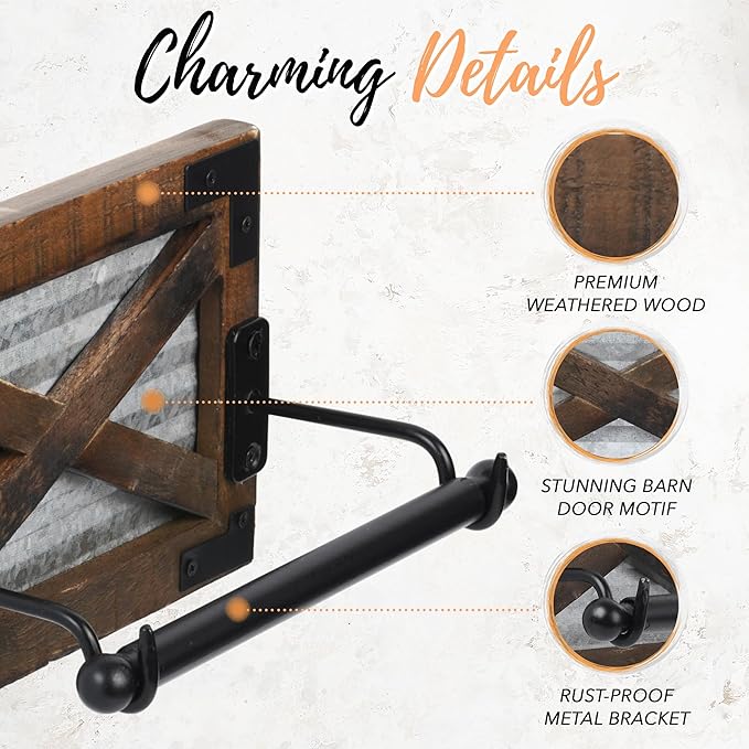 Autumn Alley Farmhouse Toilet Paper Holder with Bracket - Farmhouse Bathroom Rustic Country Decor - Rustic Bathroom Accessories Featuring Warm Brown Wood, Galvanized Metal, and Black Metal