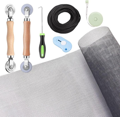 Windows Screen and Screen Door Repair Kit - 48"x118" Fiberglass Mesh Gray with Rolling Tool/Hook/Ruler/Cutter/Spline - Window Screen & Sliding Screen Door Replacement for Windows, TOOLTRIZ