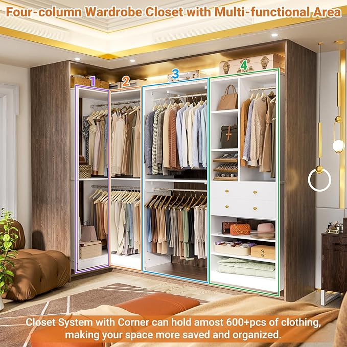 Closet System with 2 Drawers, 5 Hanging Robs, 4 Adjustable Shelves, 90.5"*31.5" Closet Organizer System with Corner Tower, L-shape Walk-in Closet System, Corner Closet System Set of 2, White