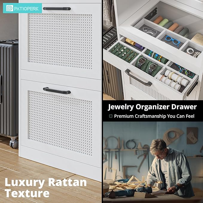 Walk in Closet Organizer System - with Drawers, 8FT Walk in Closets Organizer with Jewelry Box, 96” Wooden Storage Systems with 3 Hanging Pods, Built-in Garment Rack for Bedroom