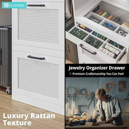 Walk in Closet Organizer System - with Drawers, 8FT Walk in Closets Organizer with Jewelry Box, 96” Wooden Storage Systems with 3 Hanging Pods, Built-in Garment Rack for Bedroom