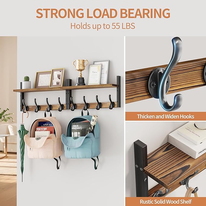 33 inch Coat Rack Wall Mount with Shelf, Set of 2 Entryway Wall Shelf with Hooks, Heavy Duty Coat Hanger Wall Mount for Living Room, Bedroom, Bathroom, Rustic Brown & Black