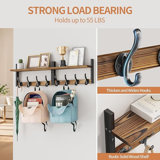 33 inch Coat Rack Wall Mount with Shelf, Set of 2 Entryway Wall Shelf with Hooks, Heavy Duty Coat Hanger Wall Mount for Living Room, Bedroom, Bathroom, Rustic Brown & Black