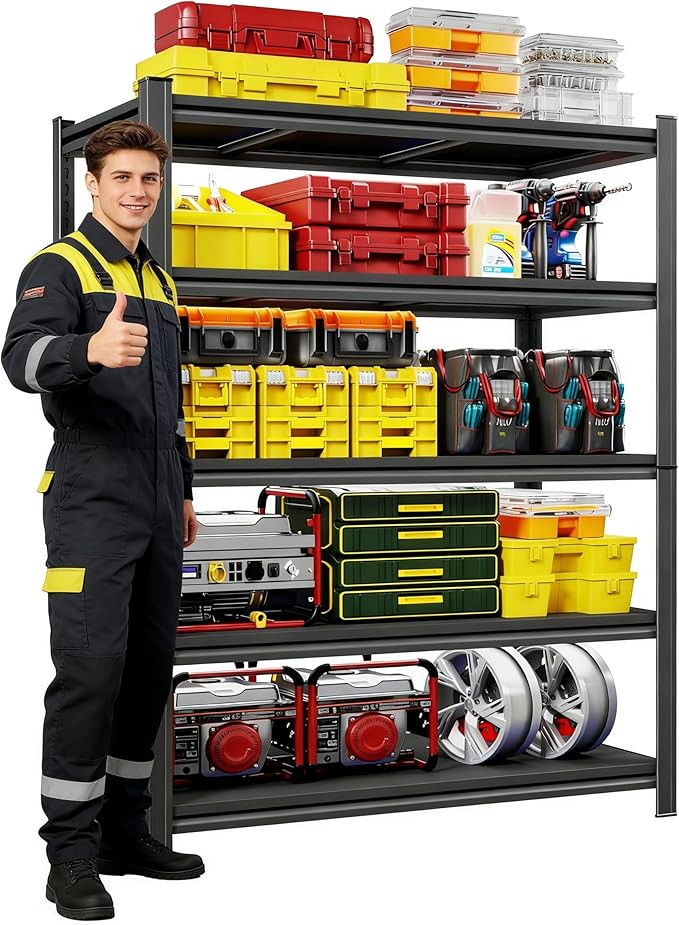 40''W*18''D Metal Garage Shelving Unit, 5-Tier Garage Storage Shelves Heavy Duty, Adjustable Organizer Shelf Upgraded Reinforced Double-Layer Columns for Basement, Garage, Pantry Rack, 72''H, Black