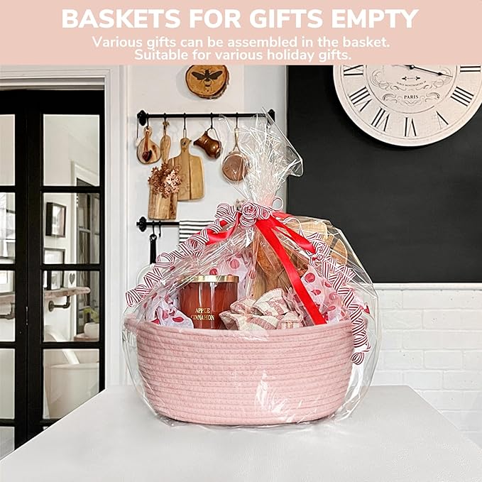 Goodpick Small Woven Basket for Gifting, Small Storage bins for Toys, Baby Gift Baskets for Nursery, Pink Rope Basket for Gifts, Decorative Baskets with Handles, 12" x 8" x 5"