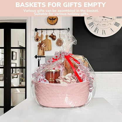 Goodpick Small Woven Basket for Gifting, Small Storage bins for Toys, Baby Gift Baskets for Nursery, Pink Rope Basket for Gifts, Decorative Baskets with Handles, 12" x 8" x 5"