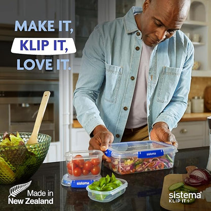 Sistema KLIP IT PLUS Food Storage Containers | 3.35 L | Leak-Proof, Stackable & Airtight Fridge/Freezer Containers with Lids | BPA-Free Plastic | Blue Clips | 3 Count