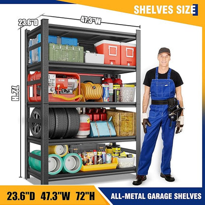 Garage Shelving Unit,Rustproof Heavy Duty Storage Shelves,Adjustable Metal Steel Utility Shelf,Easy Assembly,Garage Storage Organize Rack,for Tools,Basement,Warehouse(5-Tier 72"Hx47.3"Wx23.6"D)