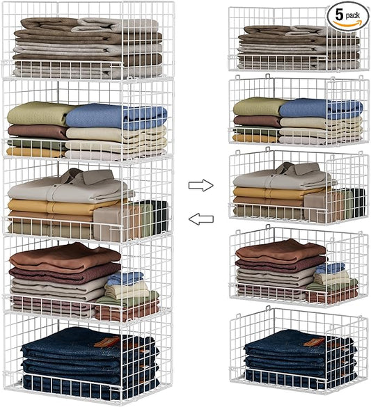 5-Tier Stackable Closet Organizers and Storage Basket - Foldable Closet Shelf Organizer System, Space-Saving Clothes Storage Bins Drawer Organizer for Wardrobe, White (Patent Pending)