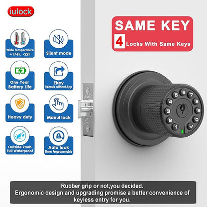 Smart Door Knob with Keypad and Key,Keyless Entry Door Lock with Rubber Grip, Auto Lock,50 User Code,Waterproof, Easy to Install and Program for Bedroom (Matte Black Same Key 4 Pack)