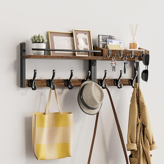 29 inch Coat Rack Wall Mount with Shelf, Set of 2 Entryway Wall Shelf with Hooks, Heavy Duty Coat Hanger Wall Mount with Key Holders and Mail Organizer for Living Room, Bedroom, Black & Brown