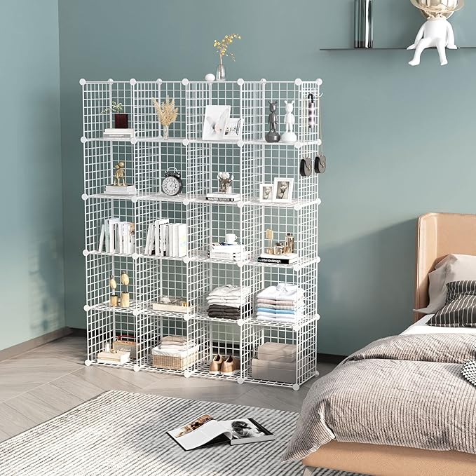 C&AHOME Wire Cube Storage - 20-Cube Organizer, Metal Grids, Modular Bookshelf Shelf, Ideal for Bedroom & Office, 48.4'L x 12.4'W x 60.6'H White UWCSM20W