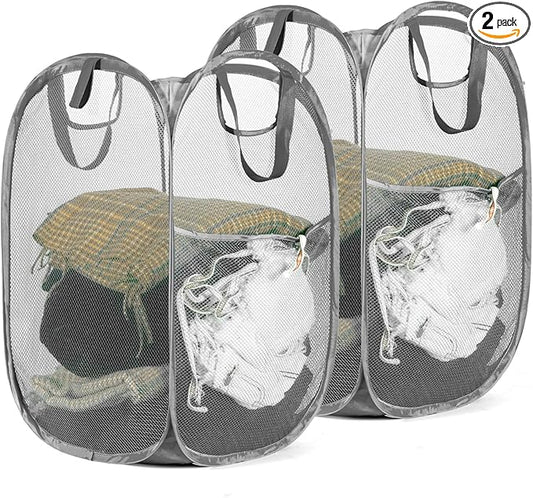 HOUSE AGAIN 2 Pcs Pop Up Laundry Hamper, Strong Mesh Laundry Baskets Collapsible, Hamper with Handles and Side Pocket, Portable Foldable Dirty Clothes for Dorm, Laundry room and Travel Storage, Grey