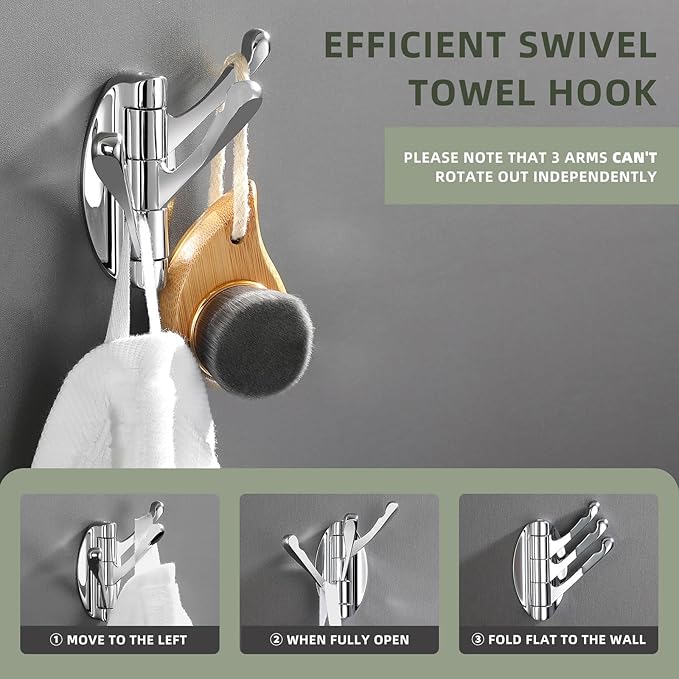 Angle Simple Swivel Towel Hooks for Bathroom, Metal Foldable Hand Towel Coat Hooks for Wall, Chrome, 2 Pack