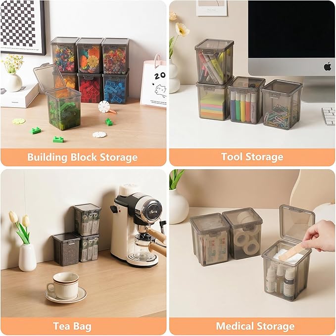 10 Pack Small Storage Bins with Lids, Stackable Plastic Organizer Boxes for Crafts, Jewelry & Beads, Office Supplies - 3.54x3.54x4.53 Inch – Black Square Medium