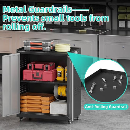Metal Storage Cabinet with Wheels,34" Rolling Tool Cabinets with Lock&Adjustable Shelves,Locking Utility Cabinet with 1 Door for Garage, Warehouse (Black Grey)