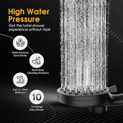High Pressure 10 Ways Handheld Shower Head Matte Black- Anti-clog Nozzles, Built-in Power Wash to Clean Tub, Wall & Overhead Brackets,Magnetitc Rainfall Shower Wand,Built-in 2 Power Jet