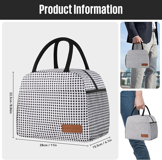 Lunch Bag Women/Men Lunch Box Women/Men (Black+White Grid)