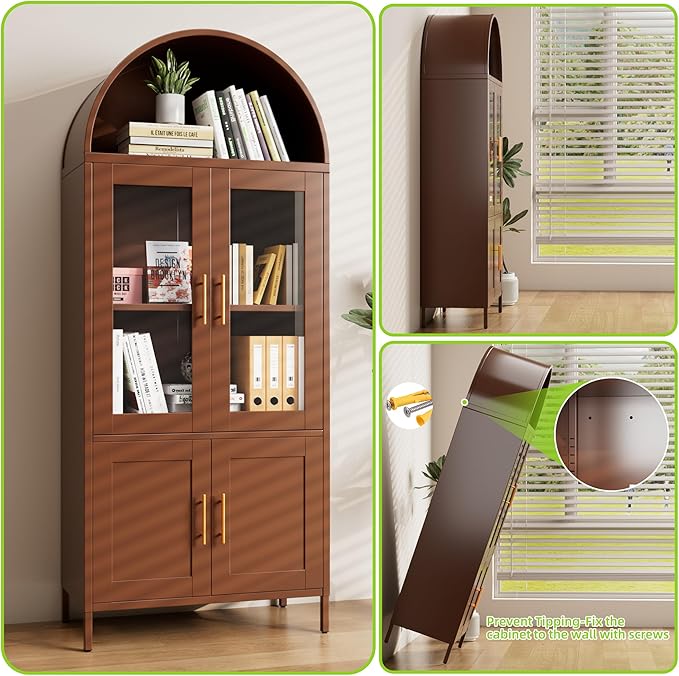 Metal Arched Pantry Cabinet with 2 Drawers,Brown Arched Kitchen Pantry Cabinet with Glass Door for Kitchen Home, Assemble Required,Brown,72.76"×30.83" W×16.10" D