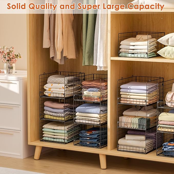 5-Tier Stackable Closet Storage Baskets, Closet Organizers and Storage Shelves, Foldable & Stackable Clothes Storage Bins for Closet Organizer System, Closet Shelf Organizer for Home,Black