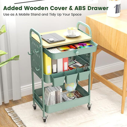 danpinera 3 Tier Rolling Cart, Metal Utility Cart with Wooden Table Top & DIY Pegboard, Rolling Carts with Drawer, Storage Cart Craft Cart with Hooks & Hanging Cups for Kitchen, Bathroom, Office