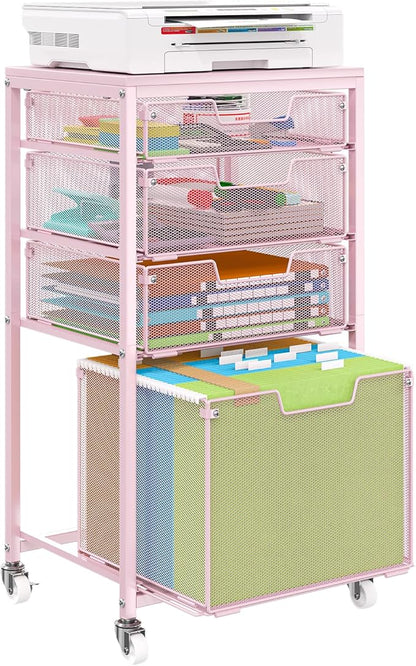 4 Drawer Rolling File Cart Under Desk Storage, File Cabinets for Home Office, Mobile Filing Cabinet, Hanging File Organizer with Wheels, Utility Cart Printer Stand, Pink