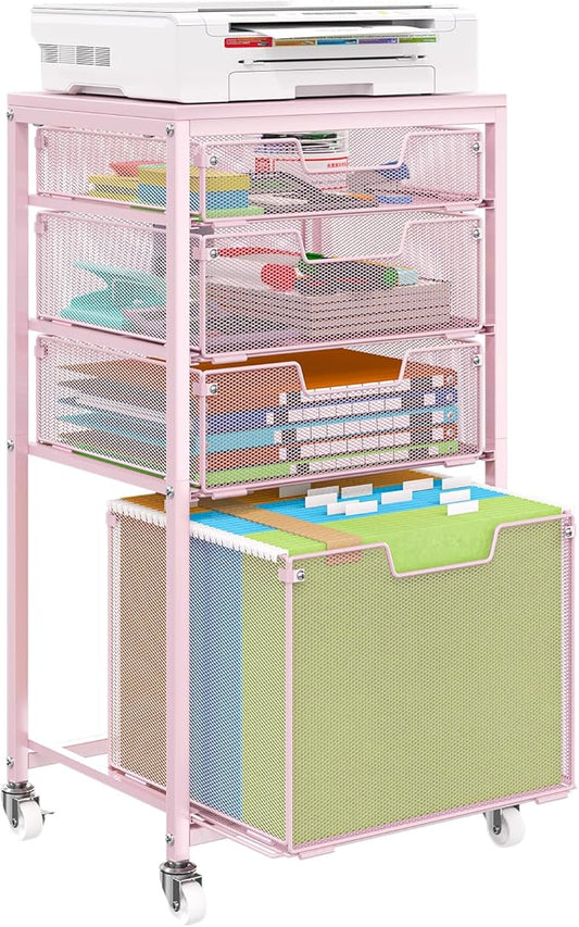 4 Drawer Rolling File Cart Under Desk Storage, File Cabinets for Home Office, Mobile Filing Cabinet, Hanging File Organizer with Wheels, Utility Cart Printer Stand, Pink