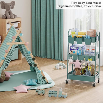 3 Tier Green Metal Rolling Cart with Lockable Wheels and Handle, 3 Tiered Utility Storage Organizer Carts for Teachers, Arts, Craft, Snack, Book, Bedside, Nursery, Cleaning Supplies, Easy Assembly