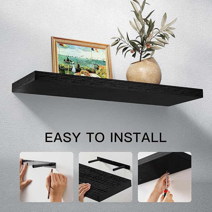 AMADA HOMEFURNISHING Floating Shelves Wall Mounted, 24 x 7 Inch Wall Shelves for Bathroom, Bedroom, Living Room, Black Shelves Set of 2 - AMFS05 | Wall Shelves, for Bathroom, Bedroom, Living Room, Shelves