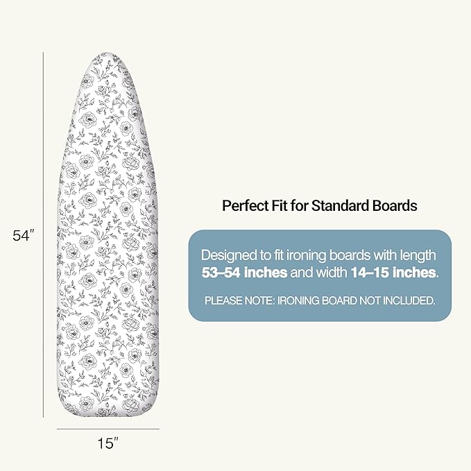 Ironing Board Cover and Pad 15"x54" Extra Thick Natural Cotton, Scorch and Stain Resistant Padding, Standard Size Iron Board Cover with Fasteners Heavy Duty Elastic Edge, Heatproof Rose