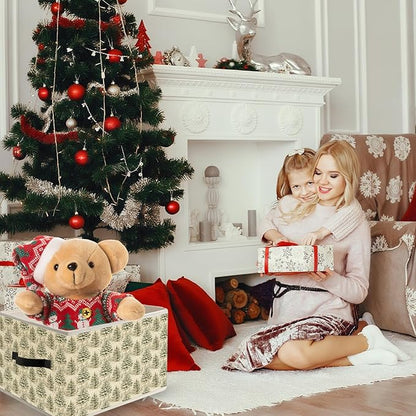 Retro Christmas Tree Storage Bin Box with Handles, Classic Nostalgic Holiday Winter Christmas Foldable Organizer Basket Toybox for Home Bedroom Bathroom Clothes Toys Books